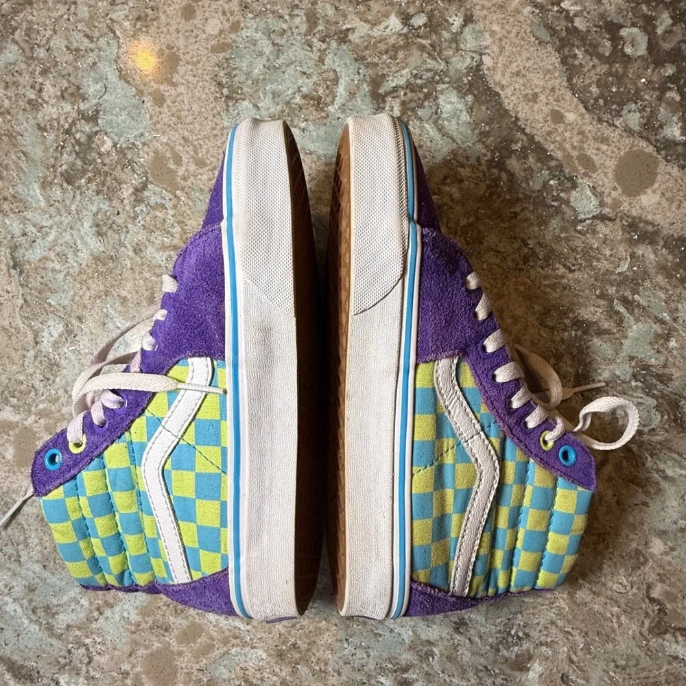 Vans Sk8 Hi Checkerboard Kids High Top Sneakers Purple‎ Yellow Blue Sz 4.5 / 6